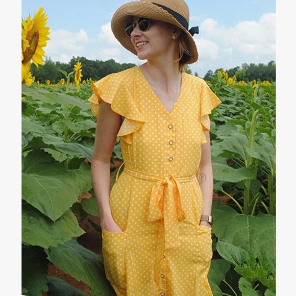 Yellow Polka Dot  Sleeveless V Neck Swing Midi Dress with Pockets M - Picture 3 of 4